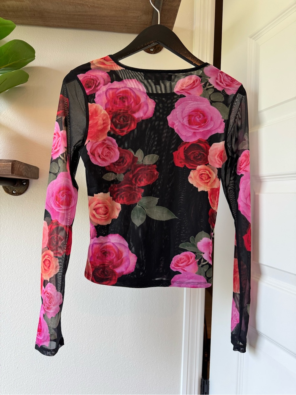 Madden Girl Black Mesh Long-Sleeve Top with Pink and Red Rose Print - Picture 2 of 3
